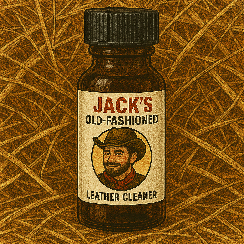 An animated 10mL amber bottle with a black screw top lid. The beige label reads "Jack's Old-Fashioned Leather Cleaner" and features the face of a handsome cowboy. The bottle is sitting on a bed of dried hay. 